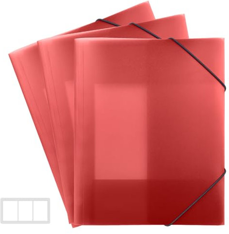 FRETONBA Plastic Folders A4 with Elastic Bands, Document Wallets Pack of 3 Pieces, File Organiser for Paperwork, Punched Pockets A4 with 3 Flaps for Files, Paper Storage, Transparent Red