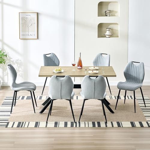 LEWE Essgruppen Esstisch aus Holz mit 6 Cyan Stühlen 140 x 80 x 76 cm | Rechteckig Esstisch mit 6 Esszimmerstühle mit Hohe Rückenlehne, Integrierter Griff, Tischset für Küche Esszimmer Wohnzimmer