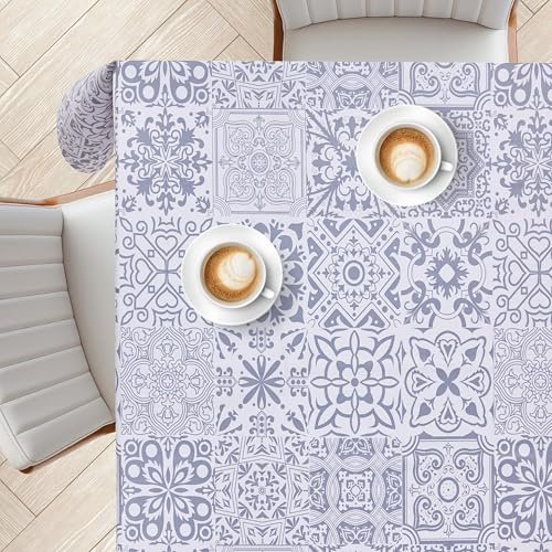 KP HOME Blau Graue PVC Tischdecke Abwischbar Mit Porto-Fliesenmuster – Rechteckige Kunststoff Wachstischdecke 200x140 cm – wasserdichte Und Abwischbare Tischdecke Aus Vinyl Wachstuch Für Draußen
