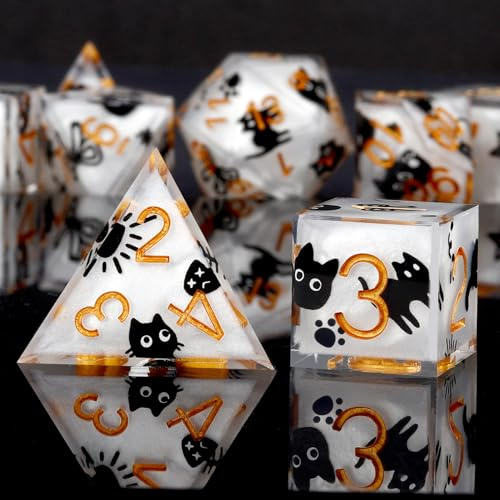 Haxtec Scharfkantige D&D Polyeder Würfel Set mit Metal Box | Cartoon-Muster, handgefertigt, D&D-Würfel mit Metallgehäuse, Dungeons and Dragons, Rollenspiele, TTRPG DND-Geschenke