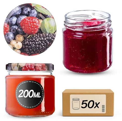 KADAX Lot de 50 bocaux 200 ml avec couvercles à vis Ø 66 mm – bocaux à dessert à parois épaisses, hermétiques, lavables au lave-vaisselle, idéaux pour les confitures et conserves