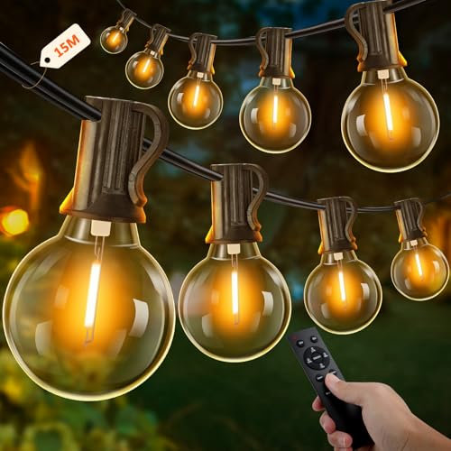 UooEA Lichterkette Außen mit Timer, 15M LED Lichterkette Strom Outdoor mit 25+2 G40 Glühbirnen, 4 Modus und Dimmbar Lichterkette Wasserdicht für Garten Balkon Terrasse Party Hochzeit (Warmweiß)