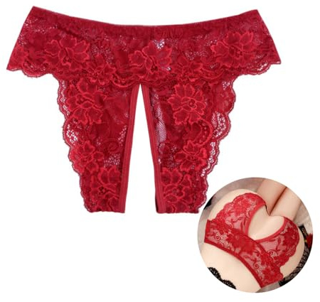 Perizoma Sexy Mutandine Donna Ouvert Slip in Pizzo Biancheria Intima Trasparente Mutande Erotiche Brazilian Hipster Grandi Taglie Intimo Sexy con Cavi Aperti Low Rise Floral Thong Nero Rosso, Colore