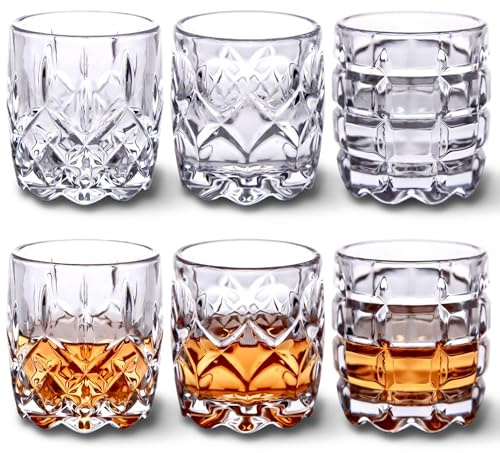 Homestia Shot Glasses, 2oz Vintage Clear Embossed Shot Glasses set of 6, Espresso Shot Glass with Heavy Base, Crystal Cordial Glasses, Small Liqueur Glasses for Whiskey, Tequila, Vodka