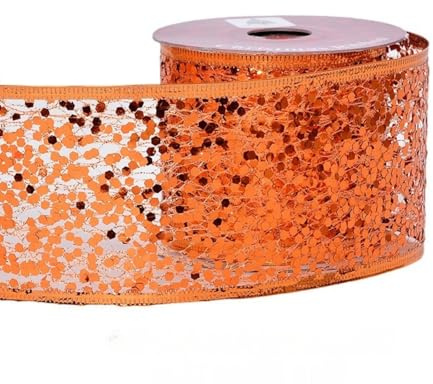 HSTWODE 6,3 cm breit, 9,1 Meter lang Weihnachtsband mit Draht Glitzer Netz für Baumschmuck, Geschenkverpackung, Kränze, Baumspitzen, Basteln (Orange)