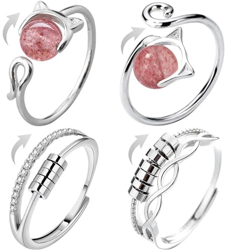 GENSMILE Anxiety Fidget Spinning Rings Mood Ring - Lot de 4 bagues anti-stress réglables - Bague rotative pour chat - Perles de relaxation - Cadeaux pour femmes et hommes