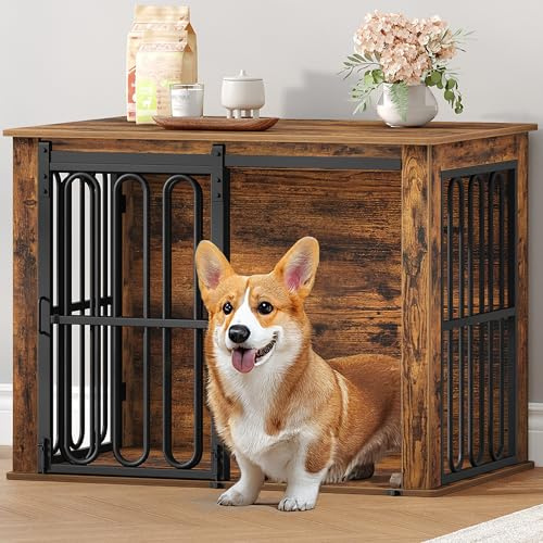 HEXCELEN Hundekäfig-Möbel aus Holz, 81 cm Hundebox für Zuhause, Hundekäfig mit 2 Türen, Schiebetüren, für Kleine, Mittlere Hunde, Robuster, Beistelltisch, 81 × 55 × 62,4 cm, Braun