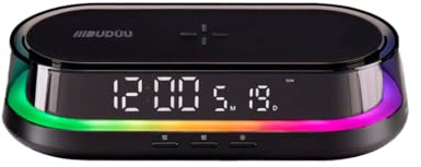 Dudùu - Rainbow Stazione da Comodino Multifunzione con Lampada LED RGB, Orologio Digitale, Sveglia, Temperatura e Ricarica Wireless Qi 15W, Display LED USB-C (Nero)