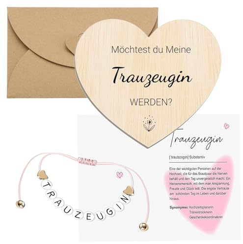 Scinzene Trauzeugin Geschenk - Trauzeugin Fragen Karte Holz*1 Armband *1 Umschlag*1Herzförmiges Holzschild*1, Geschenk für Freundin Frau