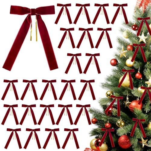 24 Piezas Lazos de Terciopelo para Decoración Navideña con Alambre Dorado | Lazo Rojo Burdeos para Decoración Navideña, Árbol de Navidad,Guirnaldas,Envoltura de Regalos,Manualidades y Bodas,18x13x2,5cm