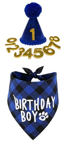 Trrymbbe 1 Set Dog Birthday Outfit, süßer Blauer Jungenhund -Geburtstagshut und Bandana -Schal -Set mit Nummer..Partyhut mit Pom-Poms-Toper für mittlere Hunde Katzen Haustiere Party