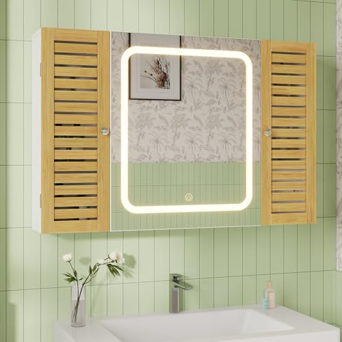 FORABAMB Armoire Murale Salle de Bain avec Éclairage LED et Prises,Armoire de Toilette Miroir avec Porte en Bambou, Étagère Réglable,Température de Couleur Réglable,Meuble de Salle de Bain 90x16x60cm