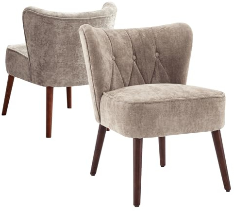 Sillón Tapizado Moderno De Mediados De Siglo - Sin Brazos y con Patas De Madera, Cómodo Asiento Capitoné para Sala De Estar, Dormitorio o Tocador.