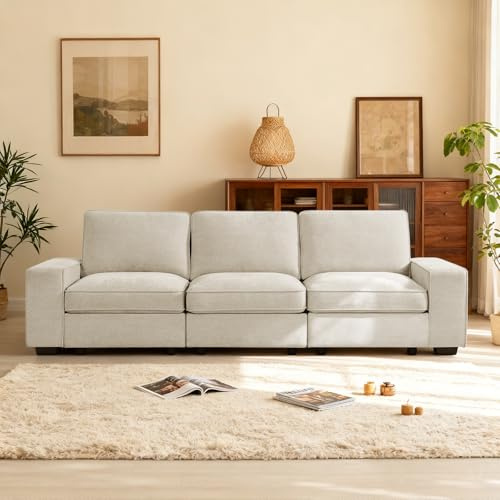 DUANDUAN Canapé modulaire, 255 cm, avec grand espace de rangement, moderne, confortable, en chenille, pour salon, appartement, accoudoirs larges, poches latérales, beige, 3 places
