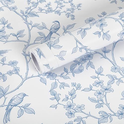 Klebefolie möbel Blau Matt Möbelfolie Selbstklebend Blume und Vogel | 44x300cm Selbstklebende Tapete Wasserdichte Folie für Wand Tischplatten Schutzfolie DIY Dekorfolie