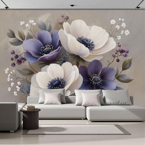 Carta Da Parati Effetto 3D Anemone Acquerello 300x210cm, Fotomurali Seta, Fiore Elegante Decorazione Poster Arte Murale Moderna per Casa Ufficio Camera Da Letto Soggiorno