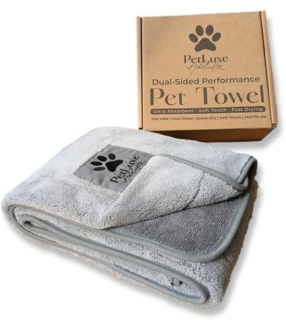 PetLuxe Dog Towel 140x70cm - Large Dual-Sided Microfibre Dog Towel for Drying Dogs, Ultra Absorbent 700+ GSM, Quick Dry Pet Bath Towel (Grey, 140 x 70 cm)