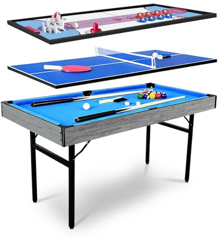 Hyner Multifunktions-Spieltisch 5 in 1 Klappbar mit Komplett-Zubehör, Multi-Game Tisch Billard, Tischtennis, Air Hockey, Bowling & Shuffleboard, Platzsparender Indoor Spieltisch für Wohnzimmer