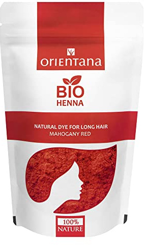 Orientana - Bio Henna Haarfarbe | Mahagoni Rot | 100% Vegan Natural Bio Pulver Für Langes Haar | Dauerhafte Pflanzenhaarfarbe Die Dem Haar Fülle Verleiht | Von Möhren Bis Zum Dunklen Mahagonirot-100g