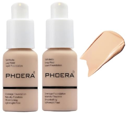 2 Pack PHOERA Foundation,Matte Oil Control Concealer Cream,PHOERA Long Lasting Waterproof Matte Liquid Foundation for Women Girls (102 Nude)