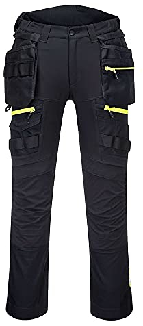 Portwest DX440 Lightweight Detachable Holster Work Trousers Mens Multi Pockets Stretch Safety Workwear Cargo Combat Pants with Free Knee Pads Black, 34