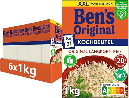 Ben's Original Original-Langkorn-Reis, 20 Minuten Kochbeutel, 6 x 1k | 6 Packungen, Original-Langkorn-Reis im Kochbeutel, Kochzeit 20 Minuten, Gelingt immer, Praktisch & portionierbar