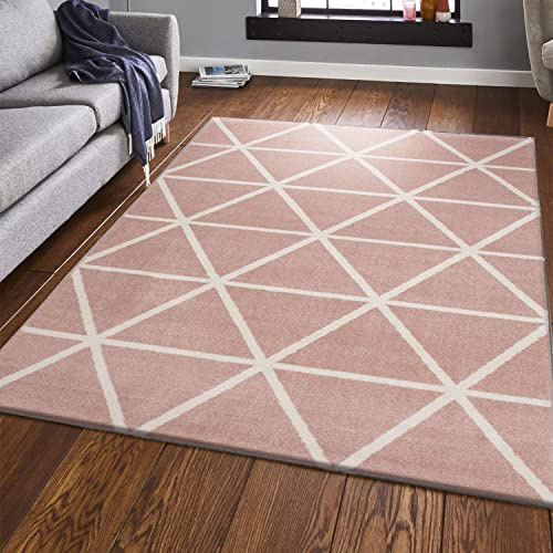 VIMODA Teppich Kurzflor Pastellfarben Weiss Rauten Design Robust in versch. Farben, für Wohnzimmer, Schlafzimmer, küche, Farbe:Rosa, Maße:120x170 cm