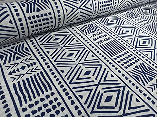 RIVERO TEJIDOS. Loneta estampado étnico blanco y azulón. Metraje 2,45m x 2,80m. Ideal para la confección cortinas, manteles.…