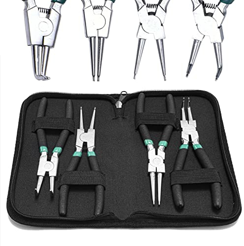 7 inch Circlip Pliers Set 4pcs Heavy Duty Internal/External Snap Ring C Clip Pliers Kit for Ring Remover Retaining and Remove Hoses, Storage Case Included