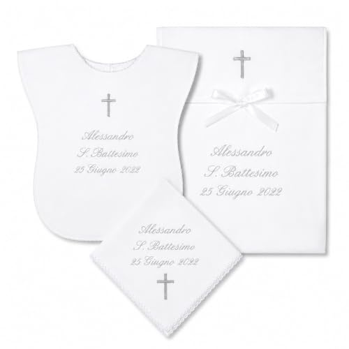 COCCOLE - Set 3 Pezzi per Battesimo Fazzoletto, Vestina e Busta - Set Completo Personalizzato con Nome e Data a Tema Croce Argento - Kit 3 Pezzi Battesimo in Tessuto Piquet 100% Made in Italy