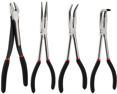 CASOMAN 4 PCS Extra Long Needle Nose Pliers Set, Include 11 Long Nose Plier, 90° & 45° Bent Nose Pliers, Long Diagonal Cutting Plier, Non-Slip Handle