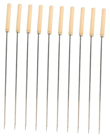 10pcs Satay Flat Iron Sign Heavy Duty Barbecue Skewer Steak Skewer Barbecue Skewers Barbeque Grill Kabob Skewers Grill Skewers Fork Wooden Handle Stainless Steel Roast Chicken (As Shown 1X1X35CM)