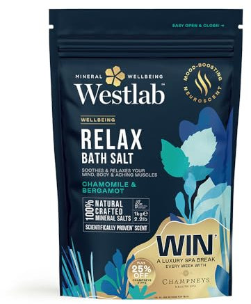 Westlab Magnesium Relax Bath Salts 1kg - Ease Stress & Tension from Mind and Body. Scientifically-Proven to Restore Inner Peace. Mood-Boosting Neuroscent. 100% Natural, Chamomile & Bergamot.