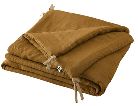 Meubletmoi Édredon 90 x 200 cm en Lin Lavé Caramel avec Capitonnage Léger et 4 Nouettes en Jute - Linge de Lit - Luisa