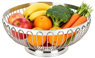 Cyrank Stainless Steel Fruit Storage Basket, Wire Metal Fruit Basket Round Metal Hollow Bowl Vegetable Stand Holder for Kitchen Counter Table Centerpiece Decorative (S)