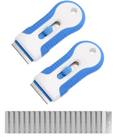 SUBORAWOS Ceranfeldschaber, 2 Stück Herd Kratzer für Induktionskochfeld mit 20 Edelstahlklingen zum Entfernen von Kocherglas, Ofentür, Etiketten, Aufklebern und Lackierten Oberflächen (Blau)