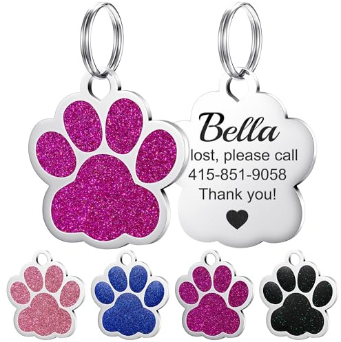 GISUREY Pfotenform Hundemarke mit Gravur mit Glitzer – Hundemarke Personalisiert Tiefenlasergraviert Langlebig, Adressanhänger Hund, Namensschild für Halsband bis zu 4 Zeilen Text (Fuchsia)