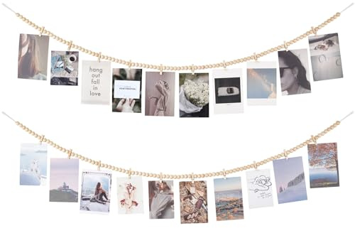Mkono Hanging Photo Display with Clips, Boho Wooden Bead Garland Banner, Collage Card Picture Kids Art Holder String with 10 Clips for Christmas Bedroom Dorm Decor, Teen Girl Gifts, Brown, 2 Pack