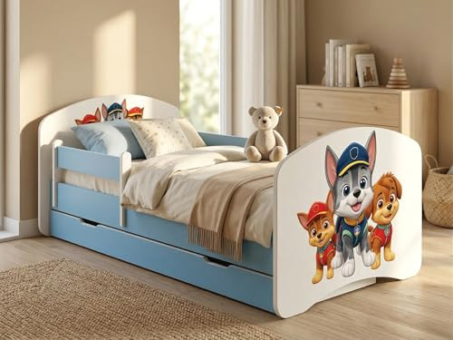 Happy Babies Kinderbett mit Rausfallschutz Junge 140x70 Bett für Kinderzimmer mit Schublade Matratze Einzelbett für Kinder Weiß Blau Hundemotiv Blau