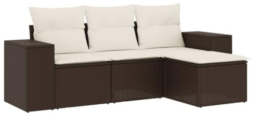 vidaXL Garten Sofa Garnitur 4-TLG., Gartenmöbel Set mit Kissen, Sitzgruppe für Garten Terrasse, Modular Gartensofa Lounge Hocker, Braun Poly Rattan