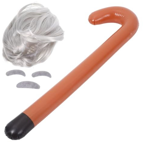 FRCOLOR Perücke und Aufblasbarer Gehstock für Cosplay als Alter Professor für Halloween und Kostümpartys Inklusive Bart und Gehstock für Authentische Verwandlung