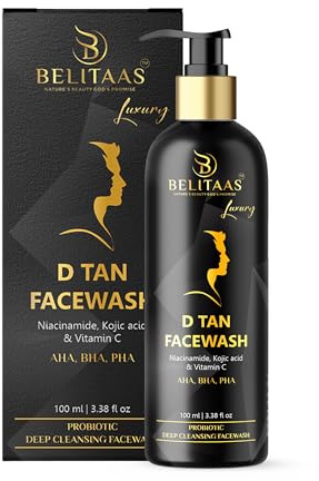 Belitaas Luxury D-Tan Face Wash (100 ml/3,38 fl oz) – Mit Kojisäure, AHA, BHA und PHA, sanft schäumendes Reinigungsmittel, vegan und pflanzlich, pH-neutral, für alle Hauttypen geeignet