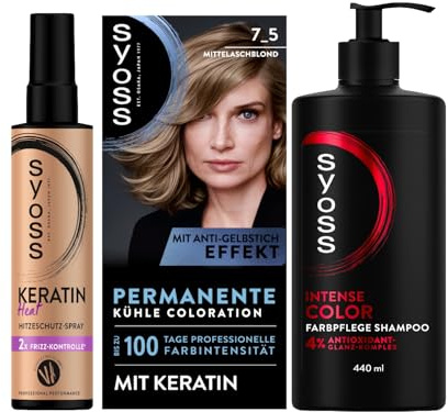 SYOSS Coloration 7_5 Mittelaschblond (115 ml), 100% Grauabdeckung & Keratin Heat Hitzeschutz Spray (200 ml) bis zu 230 °C & Gliss Shampoo Colour Perfector (250 ml) für coloriertes und gefärbtes Haar
