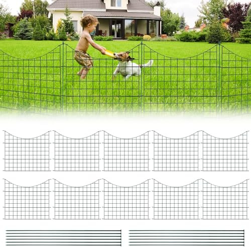 ISOISL Teichzaun, Steckzaun, Gartenzaun Metall, Hochwertiges Freigehege mit 10 Zaunelementen & 12 Stützstäben, Zaun für Hunde, Unterbogen