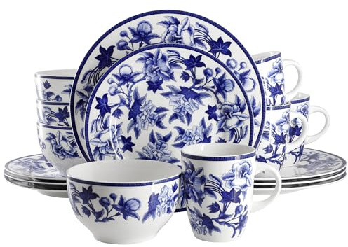 Elama Cattleya Orchid Design 16 Piece Round Porcelain Dinnerware Set in Blue and White, Tableware Set, Service for 4