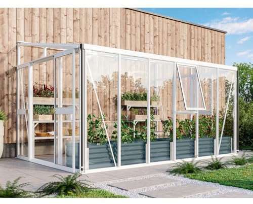 Vitavia Anlehn-Gewächshaus Helena 11900, weiß, 11,9 m², 3 mm ESG, 10 mm HKP | Wetterfestes & stabiles Wand-Gewächshaus zur Pflanzenanzucht | Ideales Treibhaus für Gemüse, Kräuter & Blumen