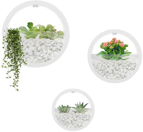 Dokiiovo Wandvasen Set, 3-teilig Runde Wand-Pflanzgefäß Blumentöpfe (Weiß) | Hängende Blumentöpfe aus ABS & Acryl, 3 Größen 18/23/28cm, für Sukkulenten Kunstpflanzen Blumen