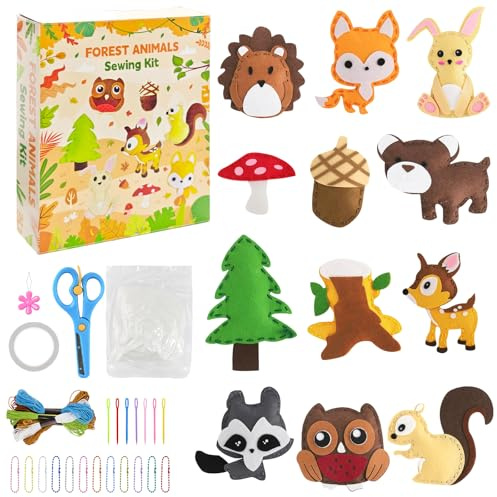 Rosedreamer Nähset Kinder, 12 Stück Animals Sewing Kit, Filz Waldtiere Bastelset, Tierformen Kuscheltiere, Pädagogisches Nähset für Anfänger, DIY Set Kinder, für ab 6 Jahren