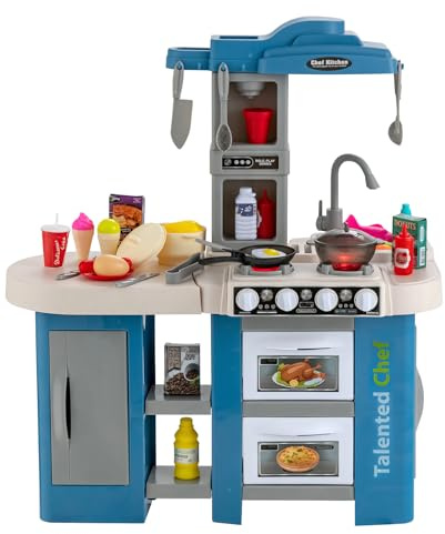 GOPLUS Cuisine Enfant en PP avec 38 Accessoires, Jouet de Cuisine Imaginaire avec Sons et Lumières Réalistes, Cuisinière avec Vaporisation et Vapeur, Idéal pour Garçons Filles 3+ Ans (Bleu)