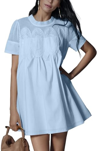 Shiyifa Babydoll da donna in pizzo patchwork abiti estivi a maniche corte con volant prendisole ampio girocollo abiti svasati, Blu, M